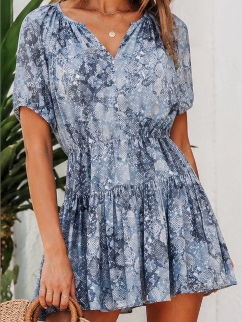NWT Steve Madden Blue ‘Bishop’ Snakeskin Print Split-Neck Puff Sleeve Minidress